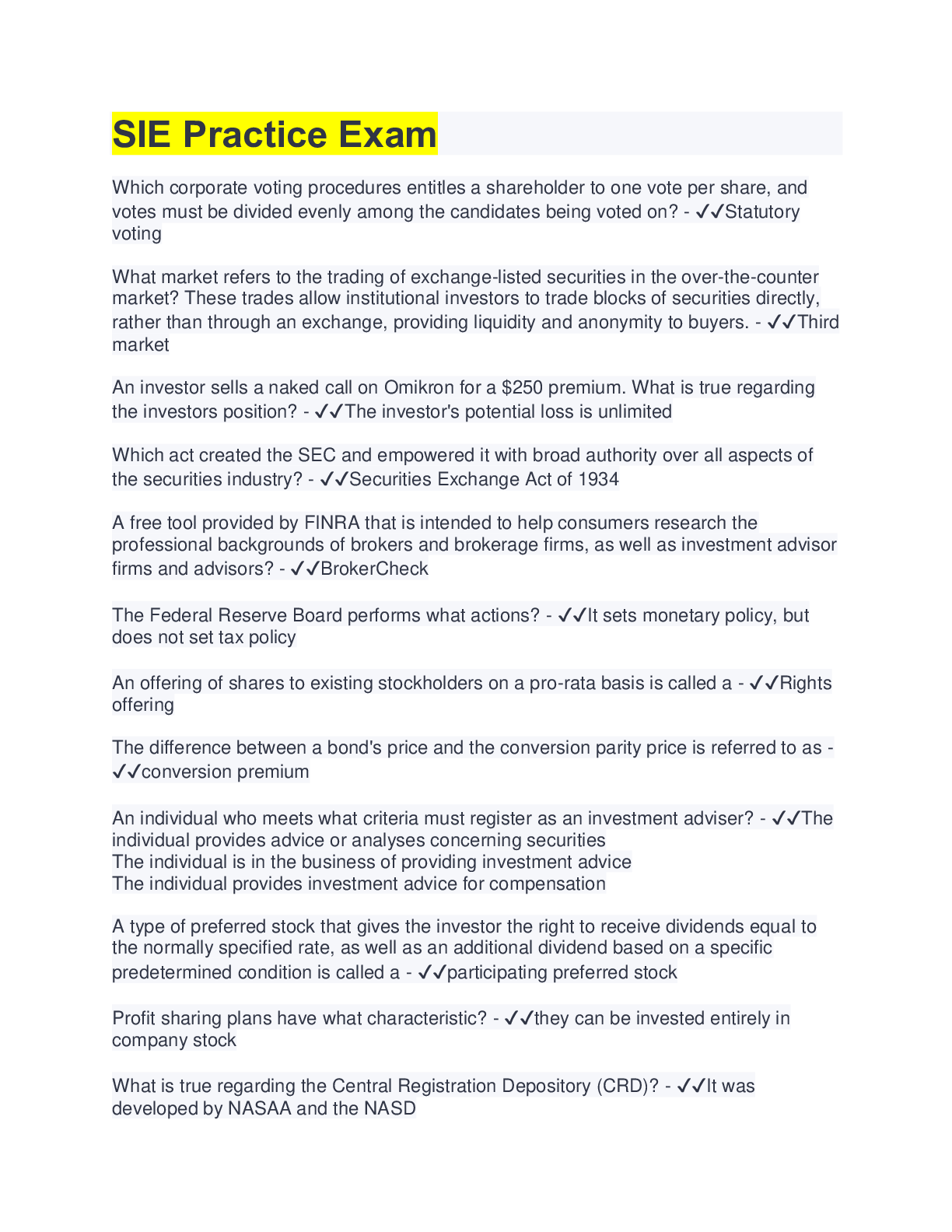 SIE Practice Exam/Questions & Answers/Guaranteed A+/Updated Browsegrades